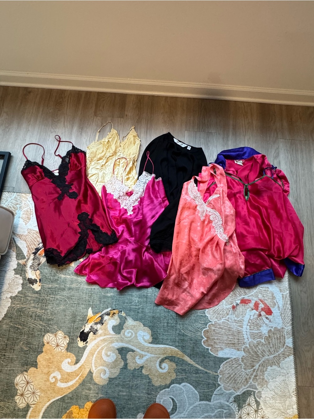 Victoria's Secret Mixed Satin & Lace Chemise Set - Fuchsia, Coral, Black, Yellow